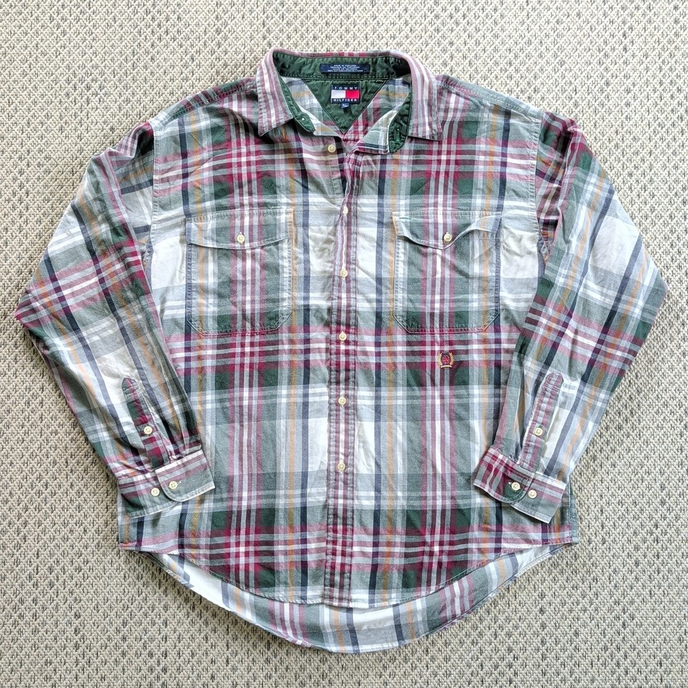 VTG Tommy Hilfiger XL LS Button Up Estate Plaid Brushed Cotton Tartan Wine/Green